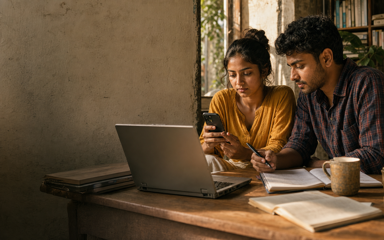 Two people working with phone and laptop in a warm local interior